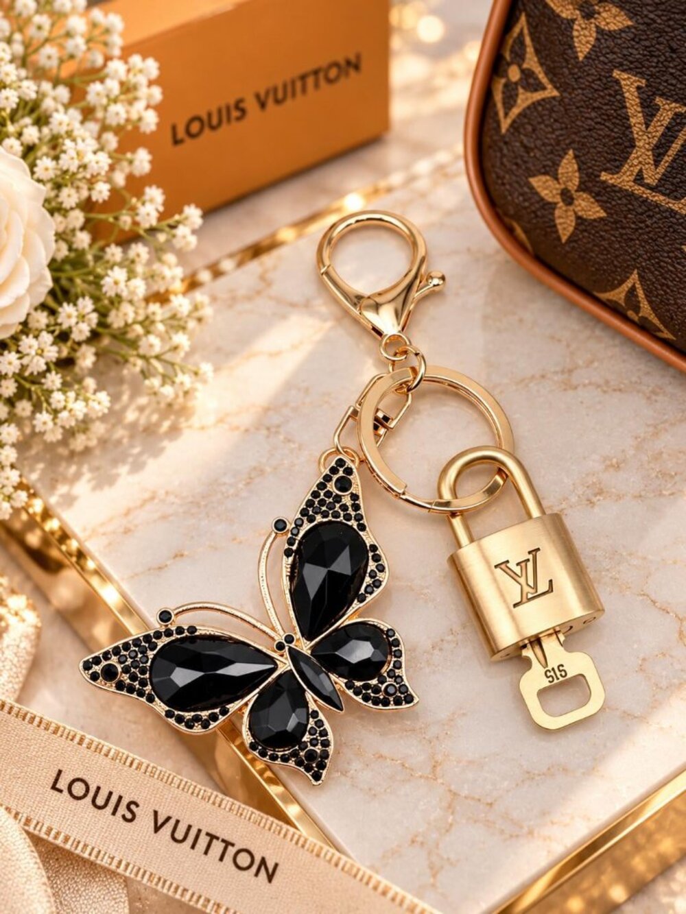 Authentic Louis Vuitton Gold Lock 🔒 Unbranded Butterfly Keychain Bag Charm LV